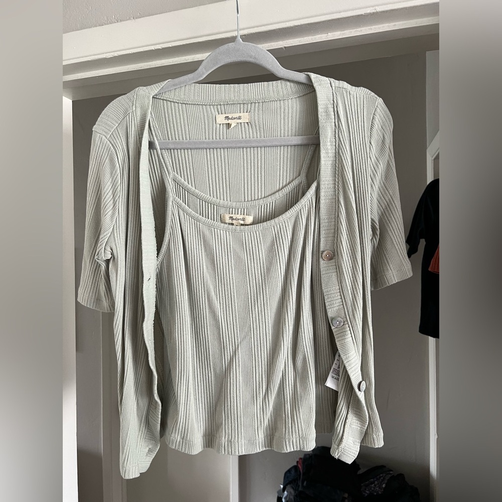 Madewell Light Green Ribbed Cardigan and Tank Set